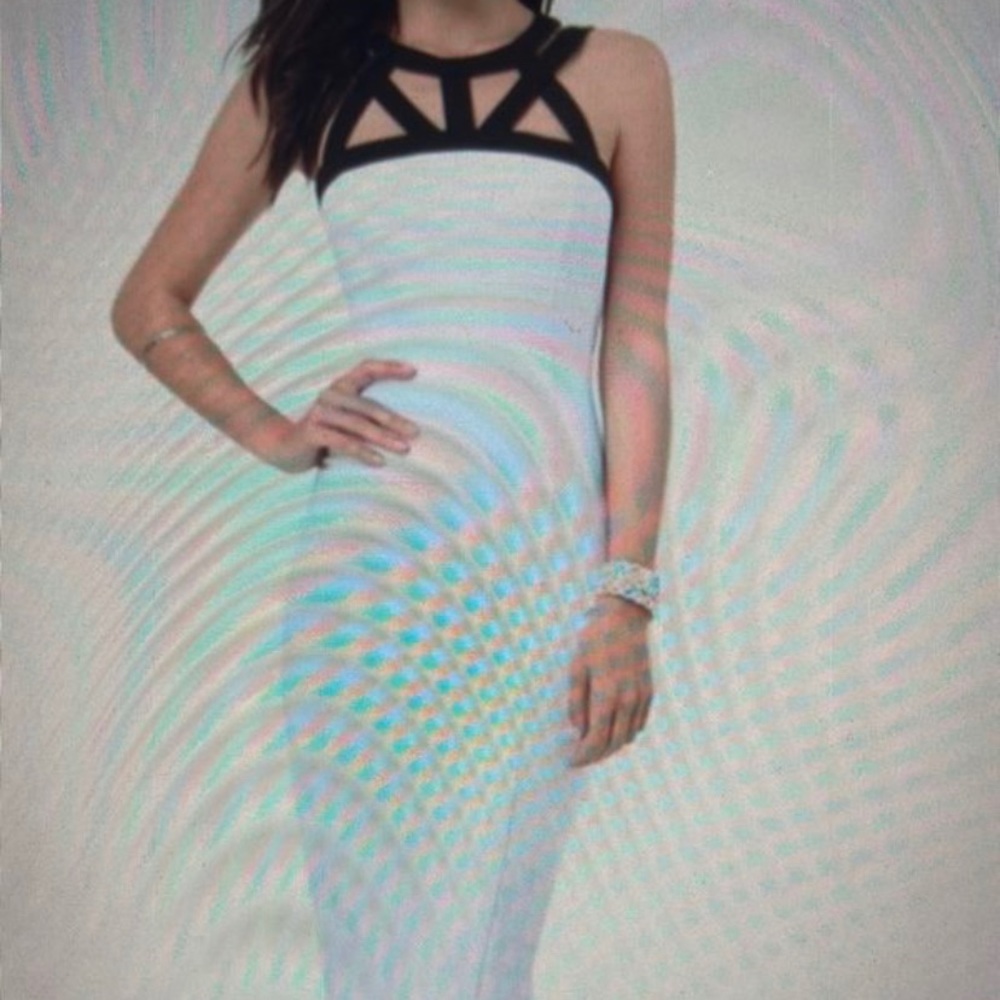 Bebe white black cage yoke midi dress